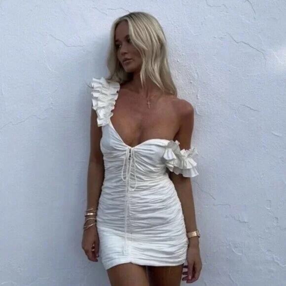 Zara Blogger Favorite Off White Ruched Front Mini Dress Sz.S NWT - Picture 3 of 16